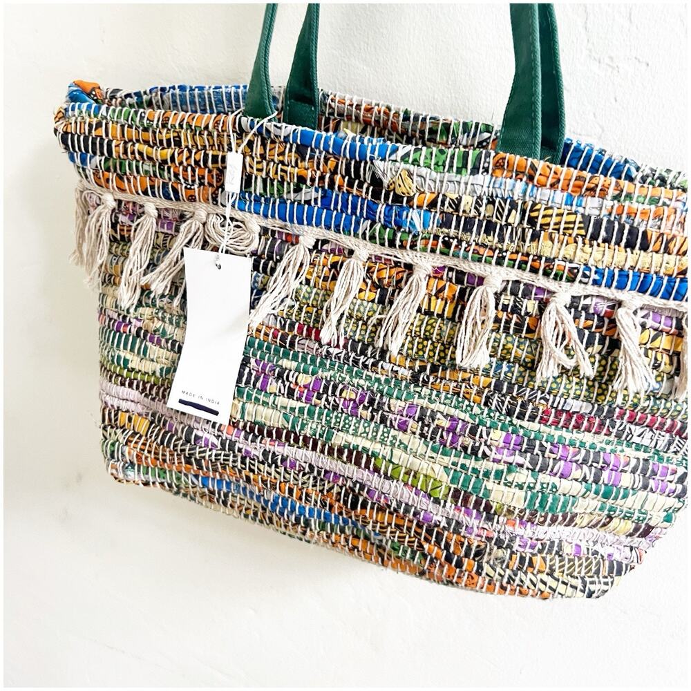 Anthropologie Raj Multicolor Canvas Beach Tote Fringe Tassel NWT - Picture 4 of 8